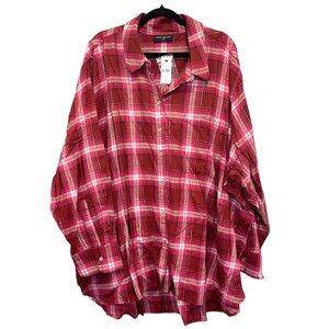 NWT Lane Bryant Womens No-Peek Plaid Button-Up Shirt 34/36 Red Pink Cotton/Visco